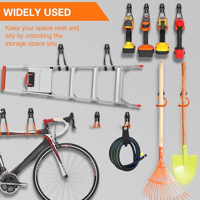 HUPBIPY Heavy Duty Garage Hooks 4 Pack, 7.7 inch Wave Long Hanger, Wall Mounted Storage System, Power and Garden Tool Organizer, for Hanging Ladders, Bikes, Hose, Bulk Items and More