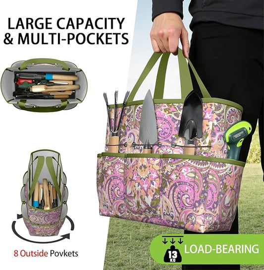 Paisley Garden Tool Bag - Waterproof Garden Tote with 8 Pockets, Large Storage Home Organizer Gardening Tool Oxford Bag for Garden Tools Kits Holder, Ideal Outdoor Gardening Gift for Women & Men