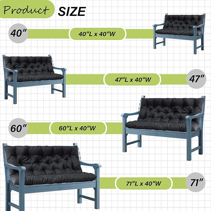Swing Replacement Cushions with Backrest, 2 or 3 Seater Waterproof Non-Slip Overstuffed Swing Pad, Indoor/Outdoor Bench Cushion for Porch Chair Garden Furniture (Black, 40 * 71 in)