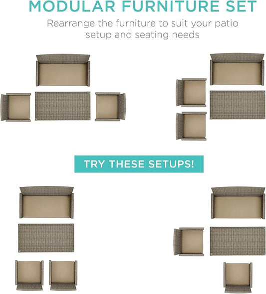 Best Choice Products 4-Piece Outdoor Wicker Patio Conversation Furniture Set for Backyard w/Coffee Table, Seat Cushions - Taupe/Desert