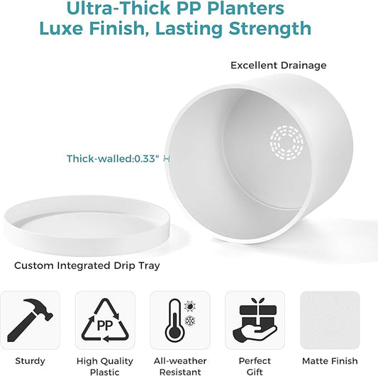 FaithLand 12-Inch Large Modern Cylinder Planter, Thick-Walled Plastic Plant Pot with Drainage Holes and Detachable Saucer, Matte White, Ideal for Indoor & Outdoor Plants Flowers