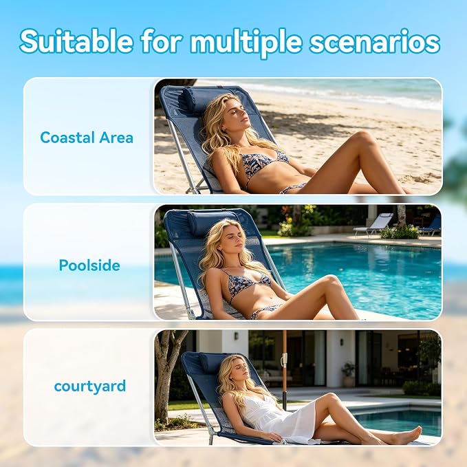 Outdoor Chaise Lounge with Detachable Pillow, Reclining Folding Chair with 5-Position Adjustable Back, Portable Tanning Chair for Beach, Pool, Lawn, Breathable Mesh Seat, No Assembly