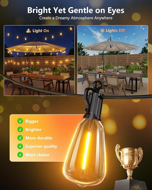Brightown 100FT Solar String Lights Outdoor Waterproof with Remote, 31+1 LED Shatterproof Bulbs, Dimmable & Timable, 3 Light Modes - Commercial Grade Patio Lights for Garden Backyard Party Decor
