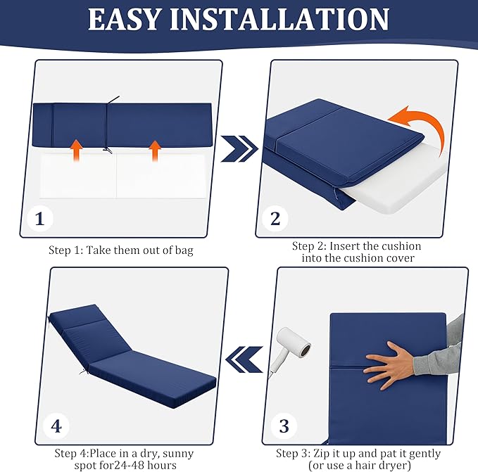 Chaise Lounge Cushion for Outdoor Furniture, Waterproof Fade and Tear Resistant Lounge Deck Chair Cushions for Patio Lawn Pool Resort Hotel