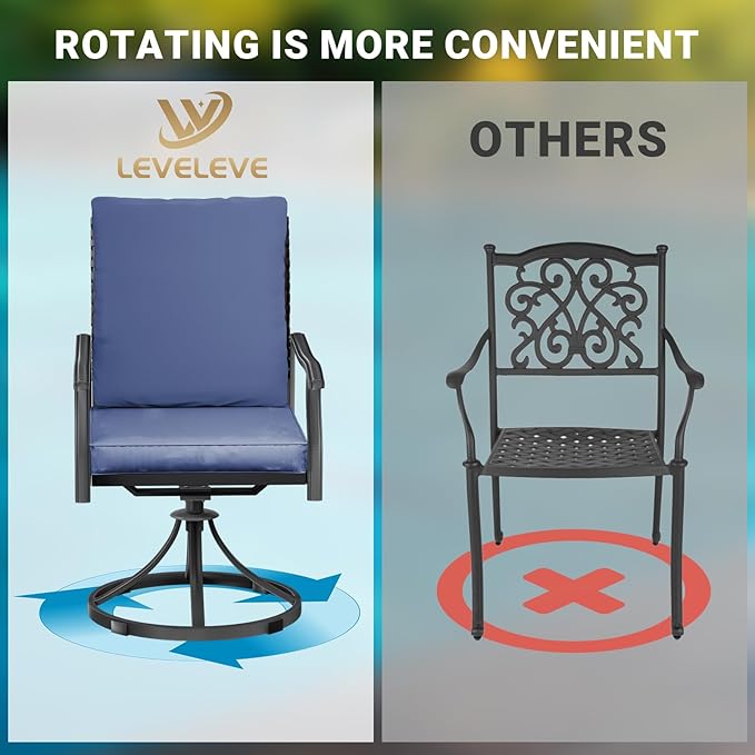 LEVELEVE 5 Piece Outdoor Patio Dining Set with 4 Swivel Dining Chairs & 1 Large Round Dining Table,Bistro Furniture Set for Lawn, Garden, Deck, Backyard and Porch