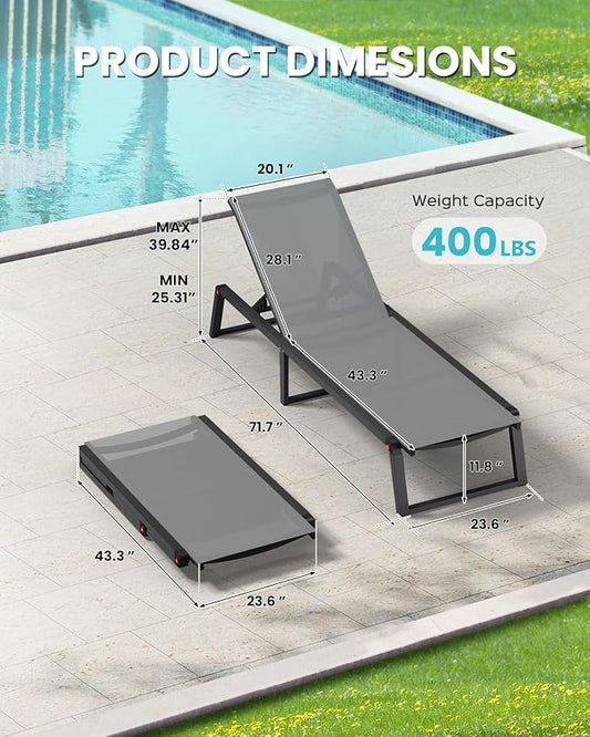 Aluminum Chaise Lounge Chair Outdoor, Foldable& No Assembly Patio Pool Lounge Chairs 5-Position Recliner for Outside, Fully Grounded Legs Sun Lounger for Poolside, 4 Packs, Dark Grey