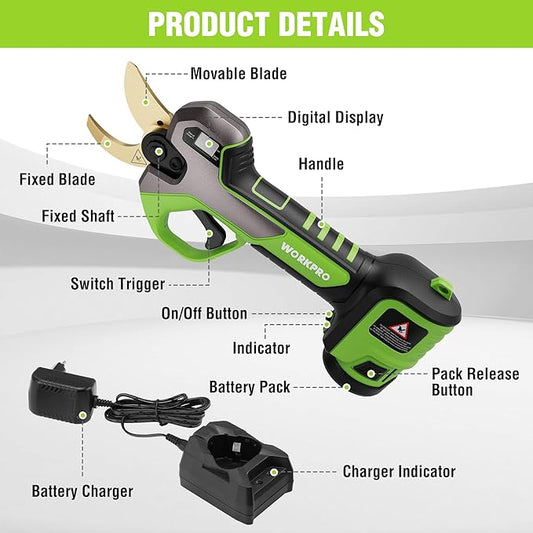 WORKPRO 12V Electric Pruning Shears, Battery Powered Pruning Shears, Cordless Tree Pruner, 1.2 Inch Cutting Diameter, Branch Cutter Gardening Scissors with 2 Pack Rechargeable Battery and Fast Charger