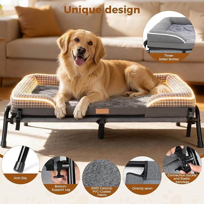 Lekereise Raised Outdoor Large Dog Bed Cot + Orthopedic Indoor Dog Sofa Bed, 2-in-1 Design,43 x 32 Inch Cooling Elevated Puppy Bed with Egg-Crate Orthopedic Foam Load 110lbs