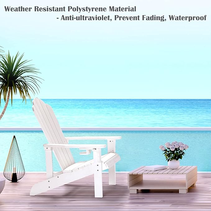 Adirondack Chair Weather Resistant , Hard Plastic Adirondack Chair with Cup Holder, Comfortable Easy to Assemble and Maintain, Outdoor Chair for Patio, Backyard Deck, Fire Pit Lawn Porch - White