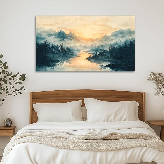 JLXART Landscape Canvas Wall Art Beautiful Lake Mountain Nature Scenic Picture Print Sunrise for Living Room Forest National Park Scenery Artwork Painting Decor,Inner Frame 24x48inch