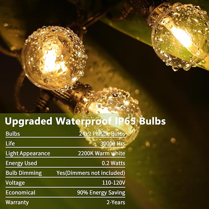 ZOTOYI Solar String Lights Outdoor Waterproof IP65 50FT with USB Port and 26 Shatterproof G40 Bulbs(2 Spare), Up to 8-12 Hours for Using, LED Solar Powered Patio Light for Outside, Patio, Porch, 2200K