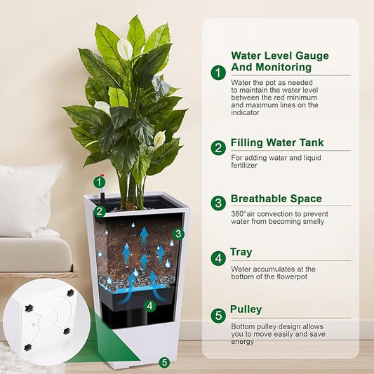 Garvee 30" Tall Planters Set of 2, Outdoor&Indoor Black Planter Pots, High Front Porch Planter Pots with Drainage Holes&Water Level Monitor&Inner Bucket,White