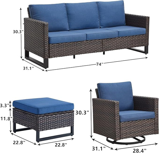 Rilyson Wicker Outdoor Patio Furniture Set - 7 Piece Patio Conversation Set with 4 Swivel Rocker Chairs,2 Rattan Ottoman and 1 Couch for Outside Porch Deck Backyard(Brown/Blue)