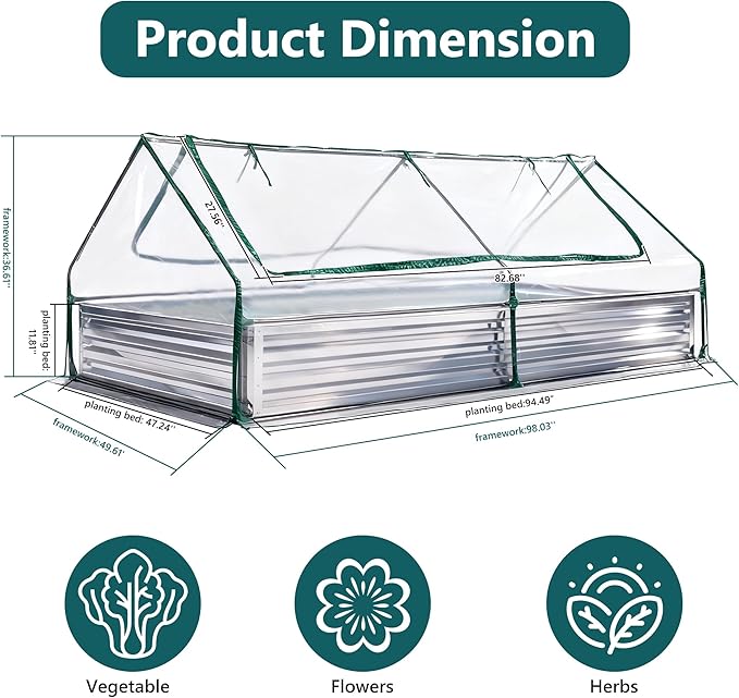 NEWBULIG 8x4x1ft Galvanized Raised Garden Bed with Greenhouse Cover, Outdoor Metal Planters Box for Planting Vegetables, Flowers & Herbs, Easy Assembly, Clear