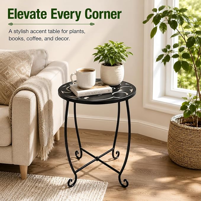 15 Inch Tall Metal Plant Stand Indoor Outdoor, Round Side Table with Swirl Pattern, Rust Resistant Iron Flower Pot Holder for Patio Garden Porch Living Room