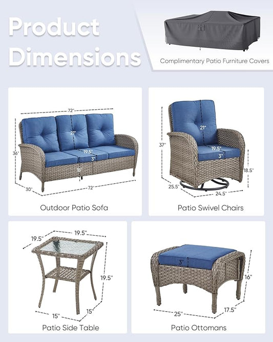 6 Pieces Outdoor Furniture-Patio Swivel Rocker Chairs Set of 2 3-Seater Wicker Couch with Outdoor Ottoman Outdoor Patio Furniture Set for Deck Porch Garden Balcony Poolside-Grey/Blue
