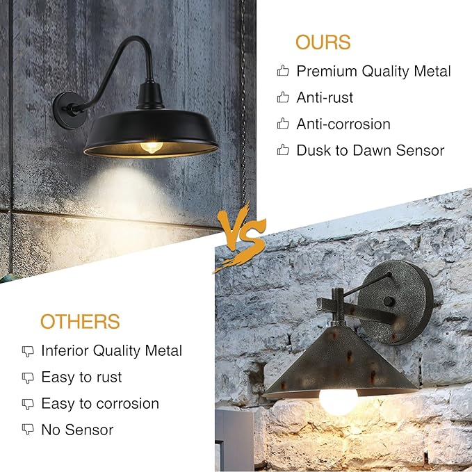 15" Barn Lights Outdoor Gooseneck Lighting, Dusk to Dawn Black Exterior Barn Lights for House, Farmhouse Wall Lighting Fixtures with Sensor for Porch Garage (2, 15" Diameter)