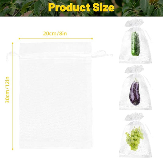 50Pcs Fruit Protection Bags, White Fruit Netting Cover Bags Drawstring Mesh Fruit Protectors Barrier for Apples, Tomatoes, Fruit Trees, Veggies Garden(8x12 Inch)