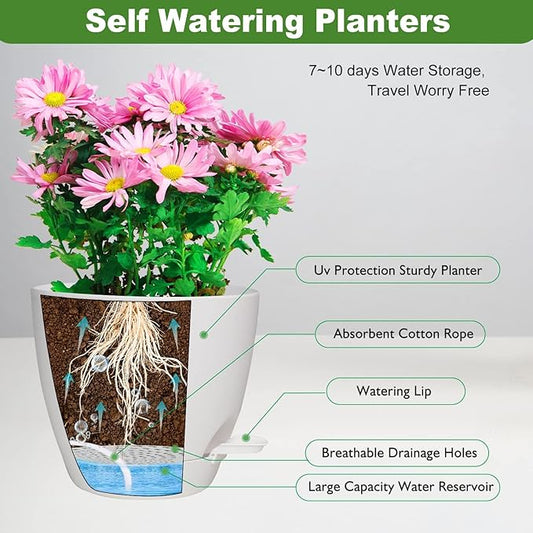 Plant Pots, 7/6.5/6/5.5/5 Inch Self Watering Planters, Pots for Indoor Plants with Drainage Hole for Succulents, African Violet (Matte White)
