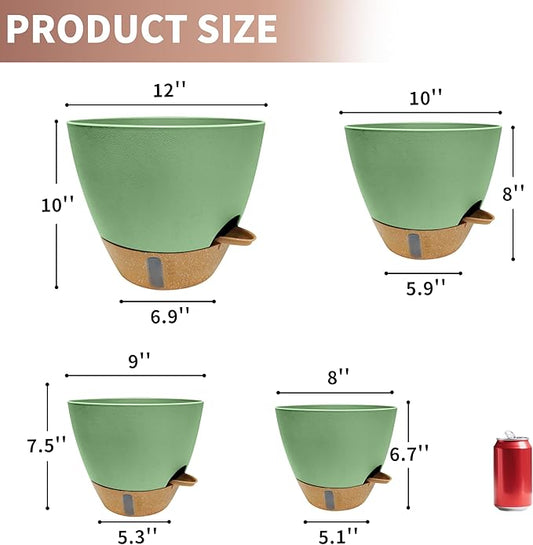 12"/10"/9"/8" Self Watering Pots with Visual Water Window,Extra Large Self Watering Plant Pots with Drainage Holes & Saucers,Green Planters for Indoor Plants,4-Pack