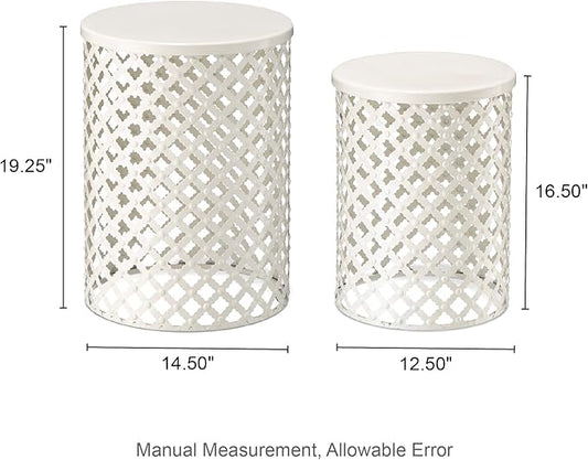 Glitzhome Outdoor Side Table Set of 2, Decorative Garden Stool for Indoor Outdoor Heavy Duty Metal Frame Accent Table Modern End Table, Glossy White