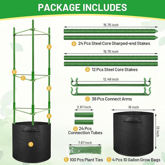 Legigo 4 Pack 48 Inch Tomato Cages with 10 Gallon Grow Bags- Tomato Trellis Plant Support Stakes Planter, Garden Cages Trellis for Vertical Climbing Plants Vegetables Flowers Fruits