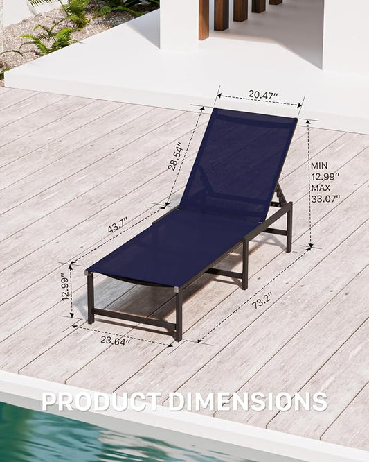 Chaise Lounge Chair Outdoor,Aluminum Patio Lounge Chairs Set of 2,Pool Lounge Chairs with 5 Adjustable Backrest and Headrest Pillows for Outside Beach,NavyBlue