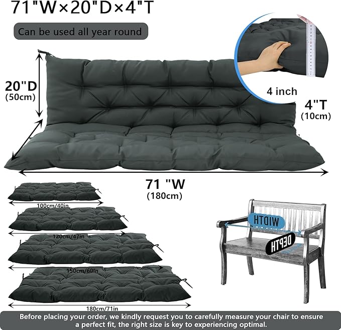 Outdoor Swing Cushions 3 Seater Waterproof, Replacement Bench Cushions for Outdoor Patio Furniture with Backrest, Porch Swing Cushion with Ties for Lawn and Garden (Dark Gray, 40x71in)
