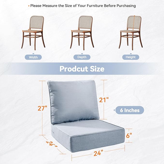 Luxury 6" Outdoor Cushions for Patio Furniture, 24x24x6" Thick Seat Cushion Set of 2, Fade Resistant Couch Chair Replacement Cushions High Density Wicker Chair Cushion w/ Removable Cover Baby Blue