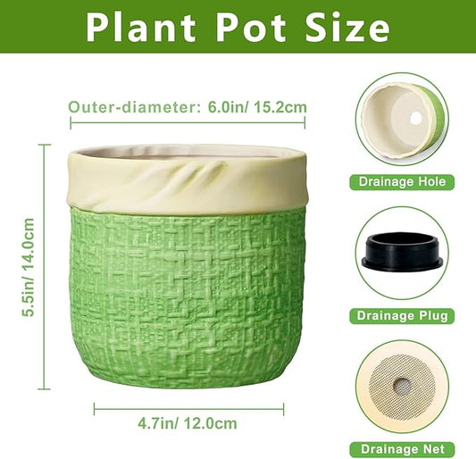 Ceramic Plant Pots - 6 Inch Plant Pot with Drainage Hole, Boho Planters for Indoor Succulent Plants, Decorative Round Unique Flower Pots, Garden Home Office Decor, Housewarming Gifts, Green