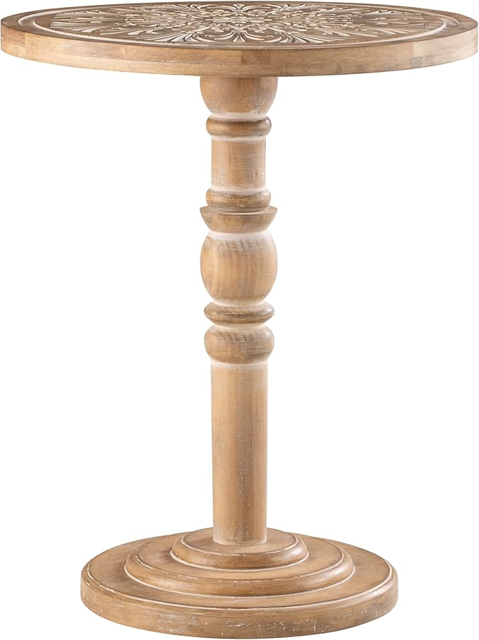 COZAYH Farmhouse Round Side Table with Carved Top, Rustic Pine Wood Pedestal Accent Table for Living Room, Bedroom, Distressed Finish, Natural Wood