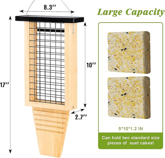 Wooden Suet Bird Feeder for Outside Hanging, Large Woodpecker Suet Feeder with Tail Prop, Double Suet Cakes Hanging Bird Feeder for Wild Birds, 1 Pack, Black