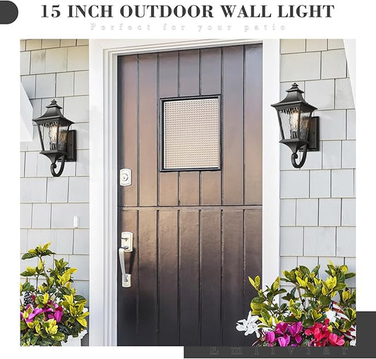 Emliviar 2 Pack Modern Outdoor Wall Sconces, 15" Exterior Lighting Fixtures with Water Ripple Glass for Porch, Black Finish, XE292UB-2PK-SW BK
