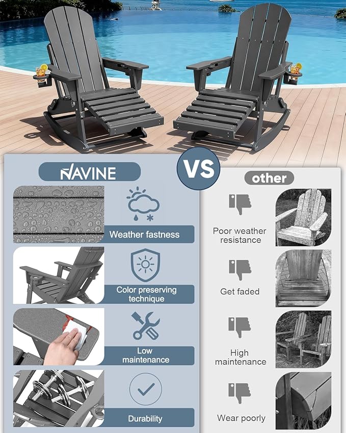 Adirondack Rocking Chairs Set of 2 with Retractable Ottoman, All Weather Folding Adirondack Chair with Two Cup Holders, Adirondack Outdoor Rocking Chairs for Porch, Patio, Balcony. Grey