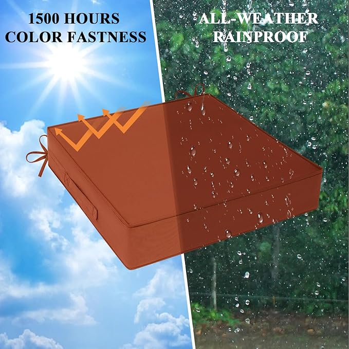 Outdoor Chair Cushions 24x24x4 Inch, Waterproof Spice Patio Furniture Cushions Set of 2 with Ties & Handle, 3 Year Color Fastness Square Replacement Seat Cushions for Sofa, Couch