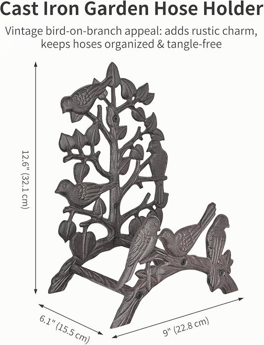 Cast Iron Garden Hose Holder Wall Mount, Rustic Heavy Duty Water Hose Hanger Storage Rack, Decorative Vintage Hose Reel Organizer for Outside Garden Yard Patio, Birds on Branch Design