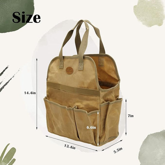 Waxed Canvas Utility Tote Bag, Large Capacity Multi-Pocket Garden Tool Bag, Heavy Duty Waterproof Work Tote for Camping, Gardening, Organizer Storage Bag for Men Women (Khaki)