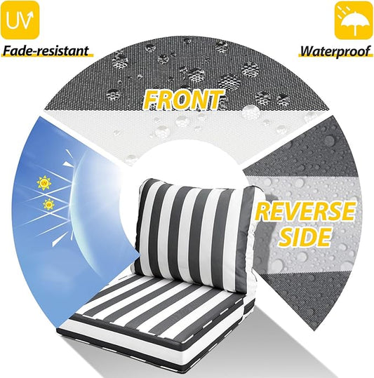 AAAAAcessories Outdoor Seat Cushions for Chairs, Fade-Resistant, Waterproof Patio Furniture Replacement Cushions, 23.5" x 25.5" x 5" + 23.5" x 19", Gray Cabana Stripe
