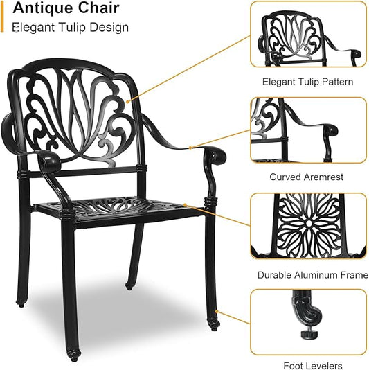 3 Piece Outdoor Bistro Set, All-Weather Patio Cast Aluminum Table and Chairs Set of 2 with 2.4" Umbrella Hole for Patio, Front Porch,Garden, Backyard, Balcony, Black