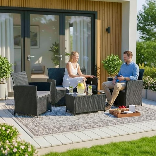 FHFO 4 Piece Outdoor Patio Furniture Sets, Outside Furniture Outdoor Sectional Wicker Conversation Sofa Set, Rattan Couch Set for Balcony Porch Backyard (Black-Grey)