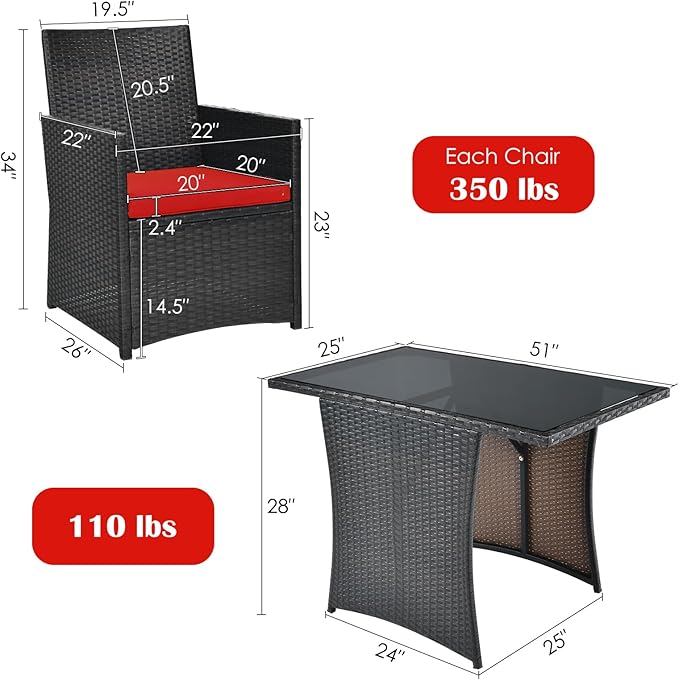 HAPPYGRILL 3-Piece Outdoor Wicker Bistro Set PE Rattan Dining Table Set with Cushioned Chairs, Patio Conversation Set for Backyard Porch Garden and Poolside