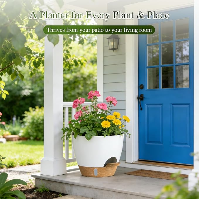 Plant Pots, 1 Pack 12 Inch Self Watering Pots with Drainage Holes, Water Level Indicator Deep Reservoir, Large Planters for Indoor Outdoor Plants - White Brown