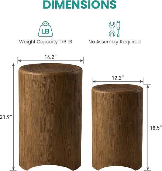 SUNBURY Concrete Side Table Set of 2, Outdoor Side Table Nesting for Patio, Outdoor Accent Table Patio End Table in Woodgrain, Ceramic for Balcony, Courtyard, Round, Light Brown