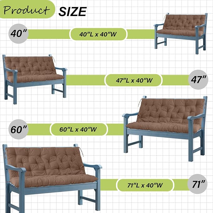 Swing Replacement Cushions with Backrest, 2 or 3 Seater Waterproof Non-Slip Overstuffed Swing Pad, Indoor/Outdoor Bench Cushion for Porch Chair Swings Garden Furniture (Brown, 40 * 71 in)