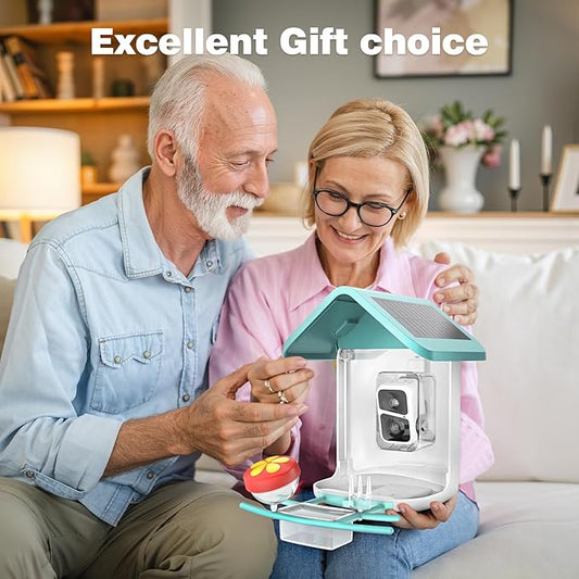 Bird Feeder with Camera Solar Powered - Smart Bird Feeder Camera 2K HD Live Stream, 5MP Photos, AI Identification for Backyard, 2.4Lb Large Capacity, Gifts for Mom Dad, Blue White