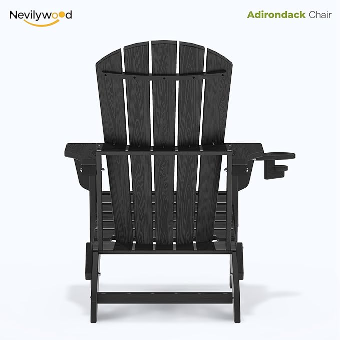 nevilywood Folding Adirondack Chair, Ergonomic Extended Backrest, HDPE All-Weather, 380lbs Capacity, Maintenance-Free, Cup Holder, (Black)- Outdoor Patio & Firepit Chair