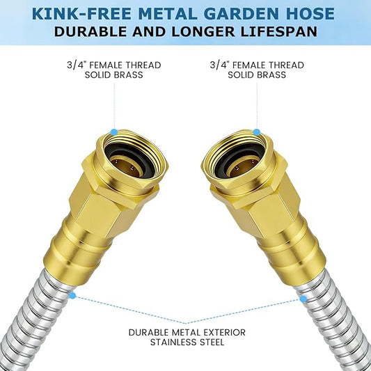 Short Stainless Steel Metal Garden Hose 3 ft, 3/4" Female to Female Solid Brass Connector, Small Leader Hose for Hose Reel, Durable, Flexible, Lightweight, Outdoor Water Hose Extension Adapter
