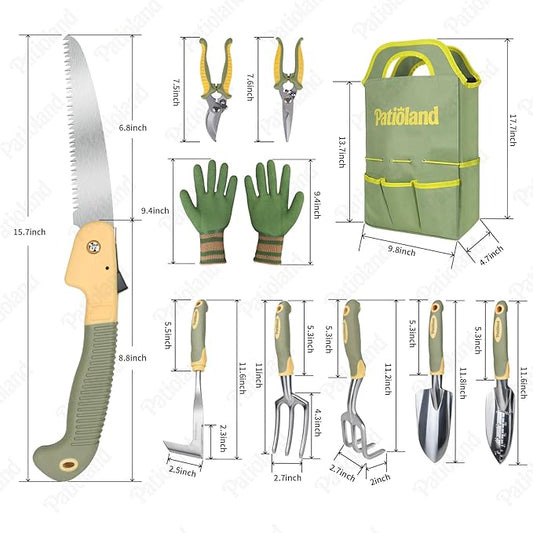10-Piece Garden Tool Set, Green Gardening Hand Tools Kit with Non-Slip Handles, Heavy Duty Rust-Proof Aluminum Tools, Organizer Tote Bag & Gardening Gloves, Ideal Gardening Gifts for Men and Women