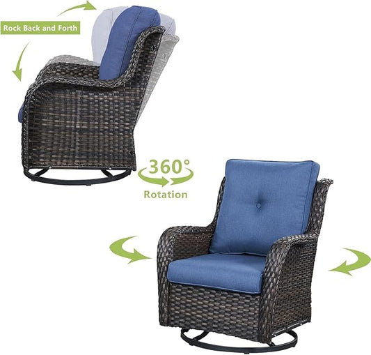 HUMMUH 3-Piece Swivel Rocking Rattan Chair Outdoor, Patio Bistro Furniture Conversation Set with Cover,Cushioned Wicker Chair with Glass Coffee Table(Brown, Blue)