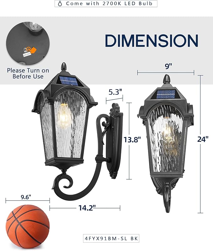 FEMILA Solar Powered Wall Light, 24" Modern Aluminum Glass Outdoor Wall Lights Fixtures for House Porch Patio, Dusk to Dawn, 4FYX91BM-SL BK